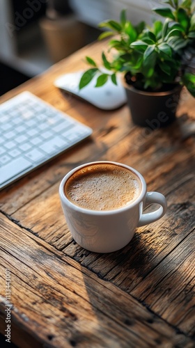 Coffee cup on wooden table near keyboard and plant in cozy workspace