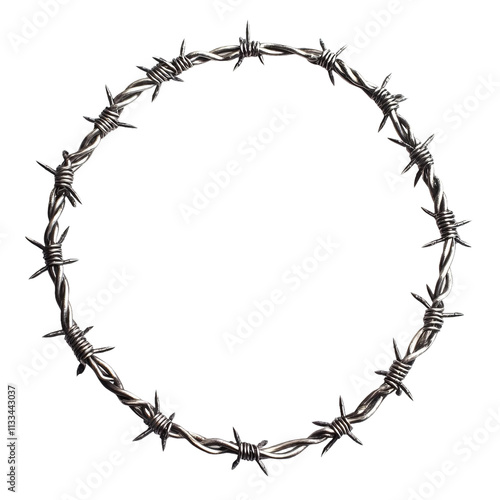 White background with round frame of barbed wire in circular shape