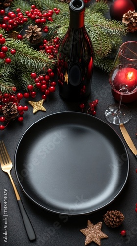 Elegant holiday table setting with red berries and wine in festive decor