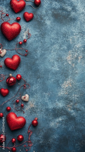 Red heart decorations arranged on a blue textured surface for a celebration o...