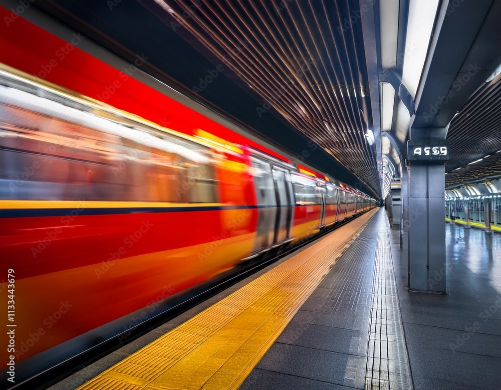 Obraz premium a sleek high speed train streaks through a subway station creating a vibrant blur of red and yellow light amid the dim industrial surroundings