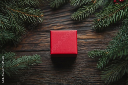 Vibrant red gift box surrounded by pine branches and pine cones on wooden table