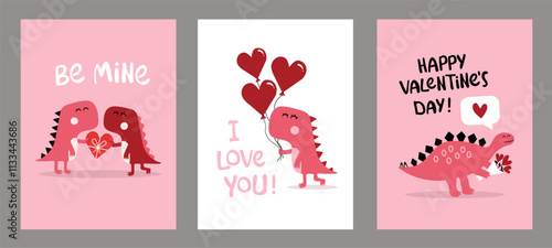 Happy Valentine's day dinosaurs greeting cards. Cute characters dino illustrations.