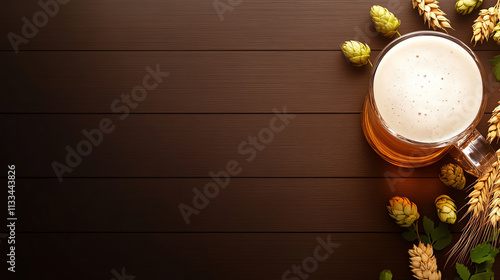 A refreshing beer in a glass surrounded by hops and barley on a wooden table. photo