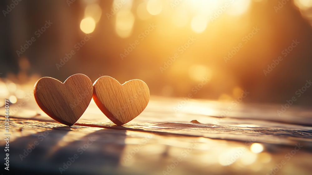 Fototapeta premium Two wooden hearts shine in golden sunlight, symbolizing love and affection.