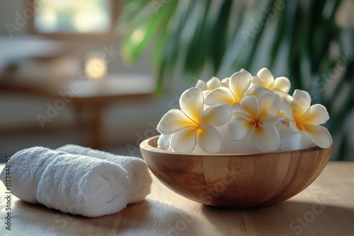 Relaxing spa setup with fresh flowers and towel arranged in a wooden bowl