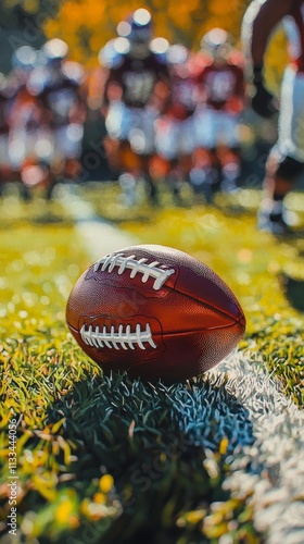 Football resting on field with players practicing in background during sunny day