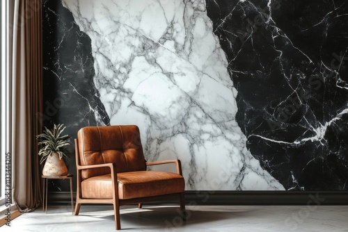 Elegant brown chair in modern living room with marble wall design