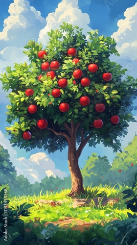 Apple tree in orchard at sunset with ripe fruit hanging from branches
