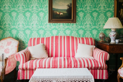 raditional sitting room with a red and white striped sofa and matching covered chairs, set against a green damask-patterned wallpaper photo