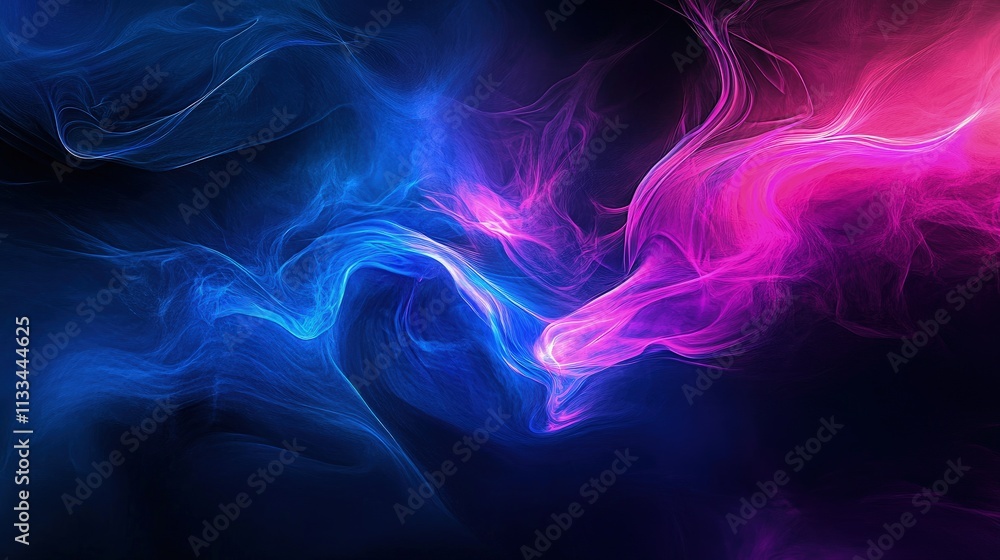 Fototapeta premium Abstract swirls of blue and pink smoke on black background.