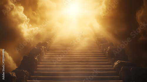 A mystical staircase leading to a bright light through clouds, symbolizing ascent and hope. photo