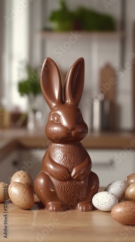 Chocolate bunny surrounded by colorful eggs and flowers on a festive table