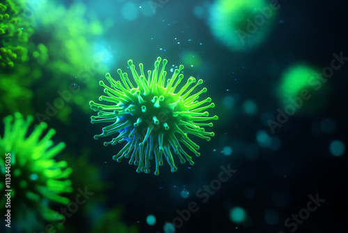 Detailed close-up image of a green virus in a microscopic view. photo