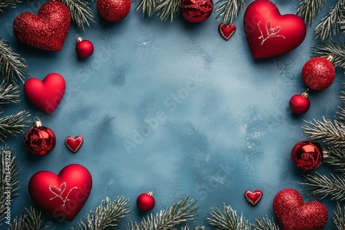 Decorative red hearts with pine cones and snow on light blue background for f...