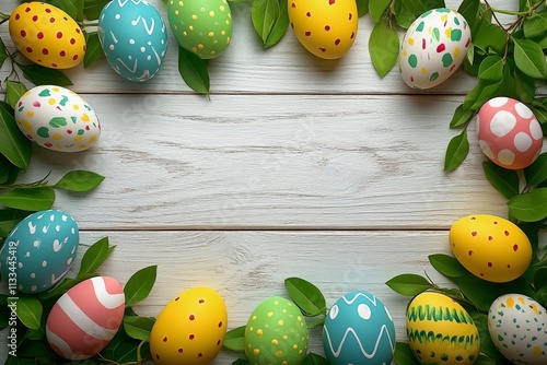 Colorful Easter eggs arranged with fresh leaves on a wooden surface during sp...