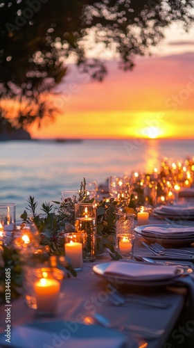 Elegant outdoor dinner setup by the ocean during a stunning sunset in a tropi...