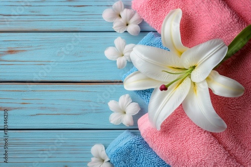 Soft towels and white lilies create a serene spa atmosphere in calming colors