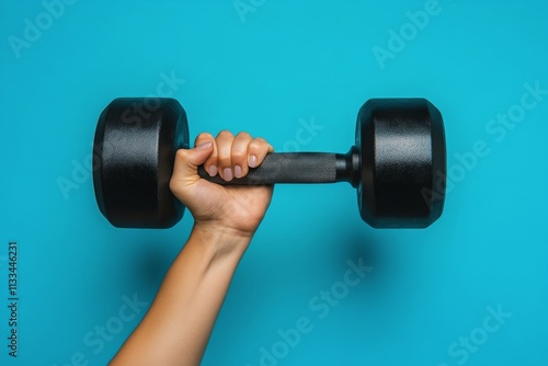 Strong hand holds black dumbbell against bright blue background for fitness m...