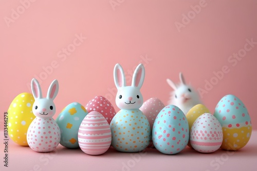 Cute rabbits surrounded by decorative Easter eggs and pastel flowers during s...