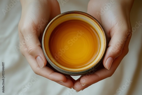Warm beverage held gently in hands with soft fabric background
