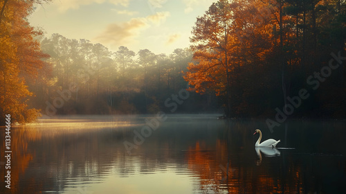 Serene Mute Swan Gliding on Lake Benson, Raleigh, North Carolina - Peaceful Nature Scene, Tranquil Water Reflections.illustration photo