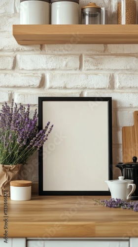 Decorative kitchen counter display with lavender, empty frame, and small tabl...