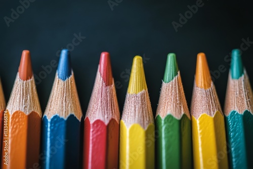 Colorful pencils arranged neatly on a dark surface for creative projects and ...