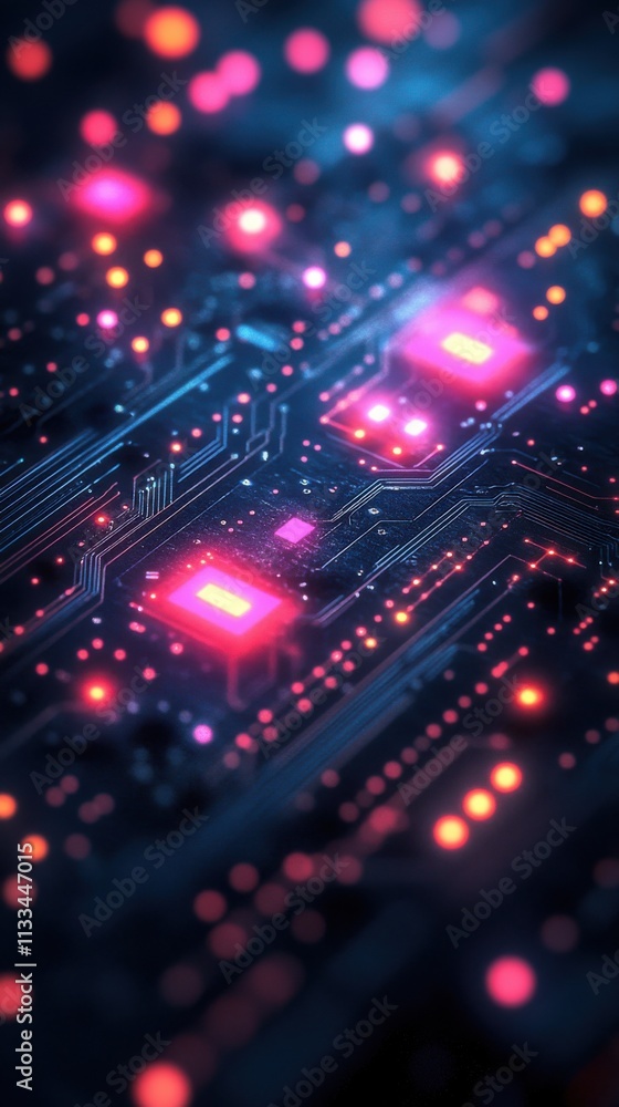 Fototapeta premium A close-up view of a circuit board with glowing elements, showcasing technology and innovation.