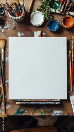 Empty canvas surrounded by art supplies ready for creation on a bright workspace