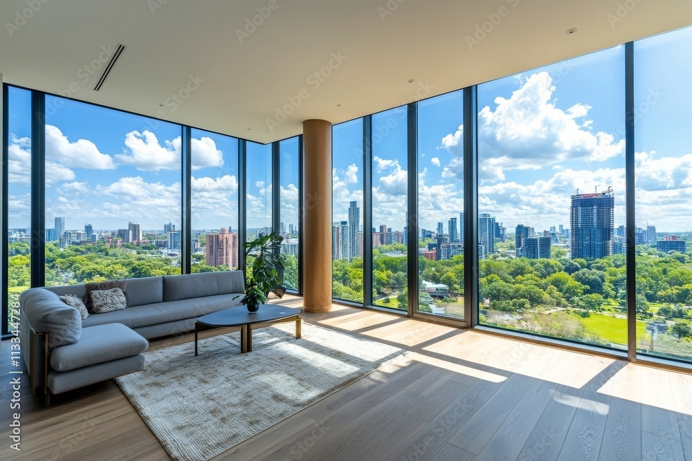 Fototapeta premium Modern empty room with large windows showcasing city skyline and greenery on a sunny day
