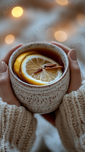 Warm drink with lemon slices held in cozy sweater hands during chilly weather