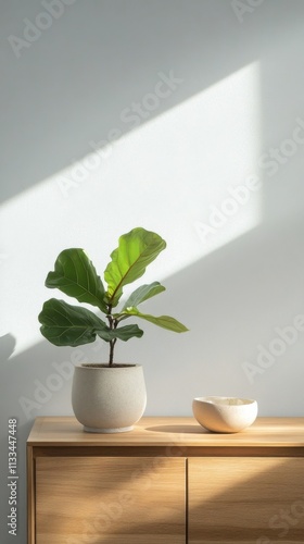 Stylish wooden sideboard with potted plant and decorative vase in modern inte...