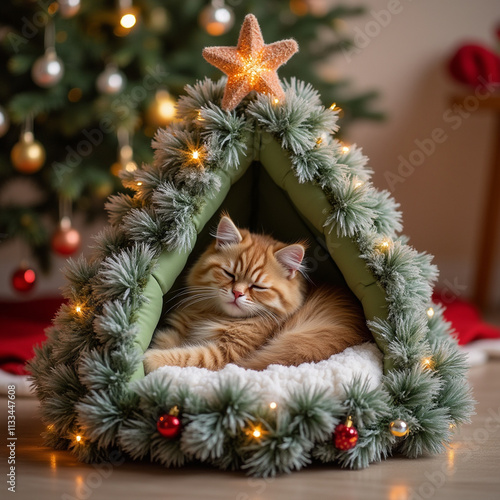 Cat house bed shaped like a Christmas tree made of branches in a festive New Year room photo