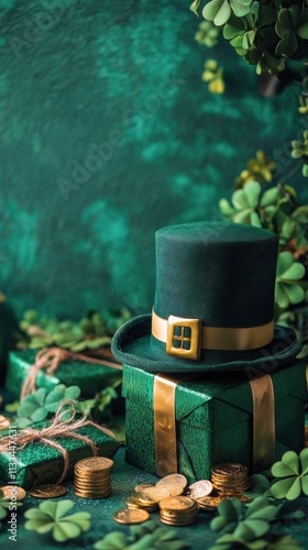 Green decoration with gifts and a hat for a festive celebration on a green ba...