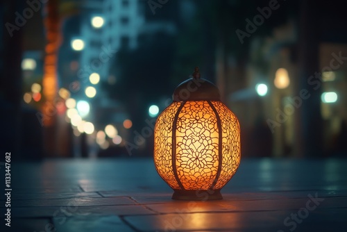 Street lantern illuminating a city sidewalk during dusk time with blurred cit...