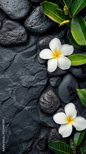 Elegant tropical flowers and smooth stones create a tranquil spa atmosphere