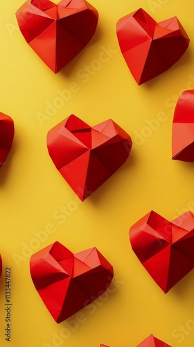 Red origami hearts arranged in a pattern on a bright yellow background