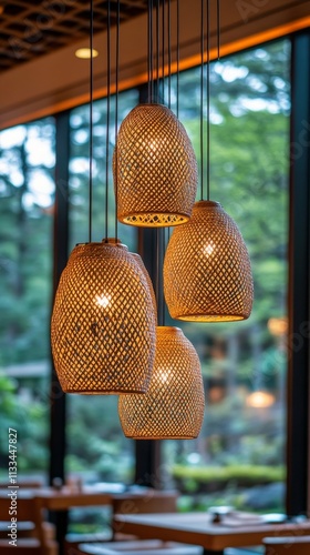 Warm ambiance created by pendant lights in a modern dining area with large wi...