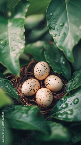 Nest with speckled eggs surrounded by green leaves in a serene natural setting