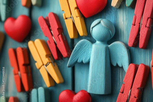 Colorful wooden clips and hearts with a small angel figurine on a blue wooden...