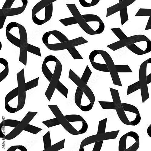 Seamless Pattern of Black ribbons. Melanoma Cancer Awareness Month. Symbol of the fight against melanoma cancer. Vector flat illustration