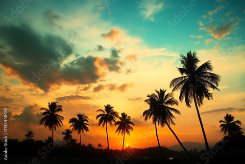 Silhouette of palm trees against a vibrant sunset sky with colorful clouds.