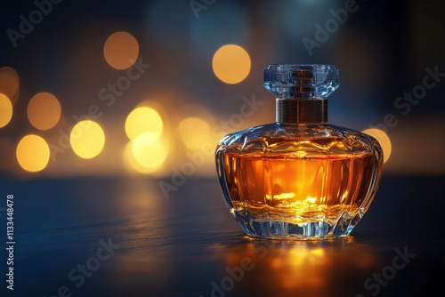 Elegant glass perfume bottle illuminated with soft bokeh in the background at...