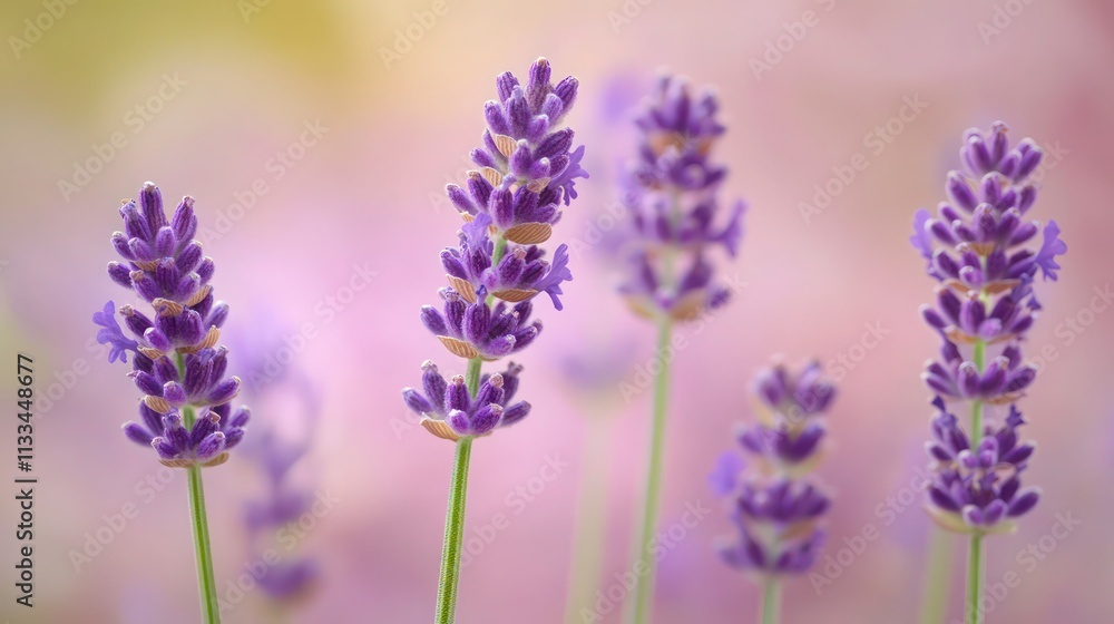 Obraz premium Close-up of Lavender flowers, pastel purple hues with green stems, gentle background blur, perfect for floral wallpaper and text overlay.