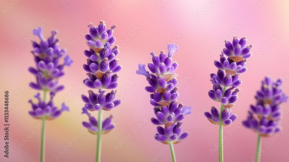 Obraz premium Close-up of Lavender flowers, pastel purple hues with green stems, gentle background blur, perfect for floral wallpaper and text overlay.