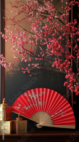 Beautiful red fan and decorative boxes in a traditional setting with cherry b...
