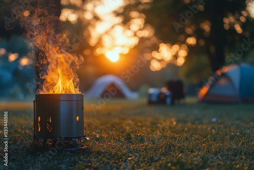 Campfire glows warmly as sunset approaches in a serene camping area