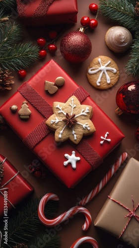 Festive holiday gifts with decorative elements and baked treats on a dark sur...