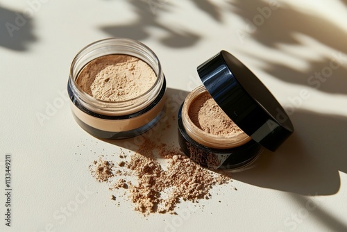 Loose powder cosmetics containers with spilled product on a light surface dur...
